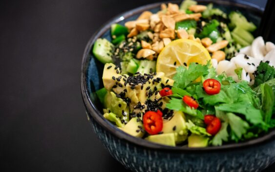 vegetable salad in gray bowl